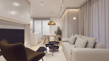 Wnętrze salonu z eklektycznymi meblami, złotą lampą i nowoczesnymi akcentami.