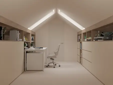 Minimalistyczne poddasze z białym biurkiem i drewnianymi półkami