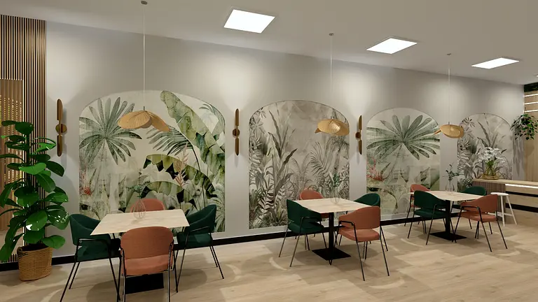 Wnętrze jadalni z muralami roślinnymi, meble w stylu boho, nowoczesnym i skandynawskim.