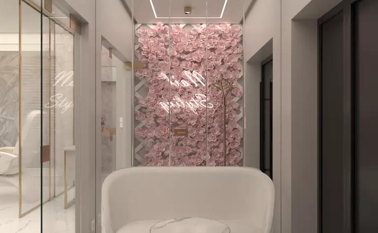Przedpokój z różowym tłem, białą sofą i marmurową podłogą, styl glamour i nowoczesny.