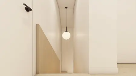 Korytarz w stylu japandi z minimalistycznym oświetleniem.