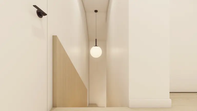 Korytarz w stylu japandi z minimalistycznym oświetleniem.