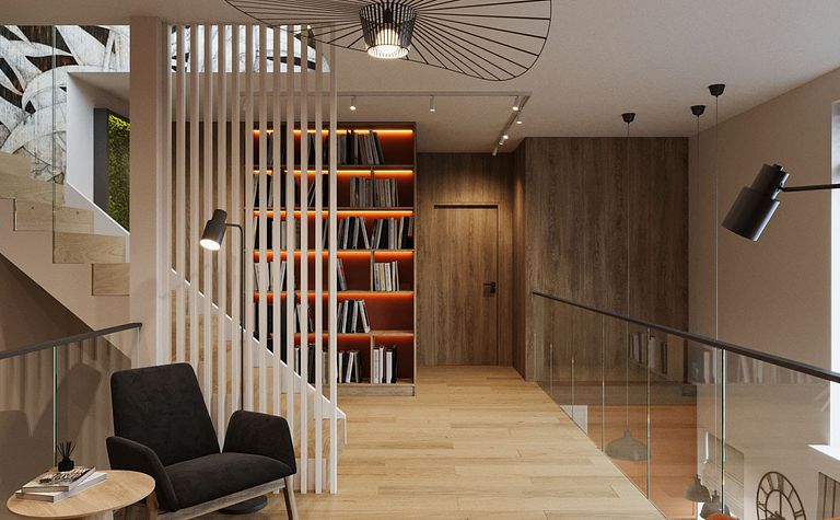 Nowoczesne wnętrze z drewnianą podłogą, regałem i lampami w stylu industrialnym.