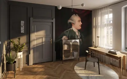 Wnętrze pokoju z szarymi ścianami, drewnianymi meblami i roślinami w doniczkach, dopamine decor.