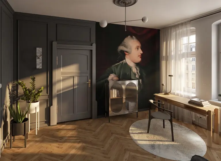 Wnętrze pokoju z szarymi ścianami, drewnianymi meblami i roślinami w doniczkach, dopamine decor.