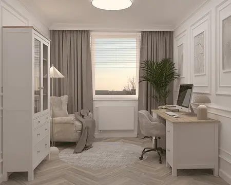 Wnętrze gabinetu w stylu nowoczesnym i quiet luxury z białymi meblami.