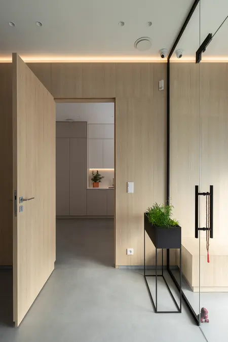 Minimalistyczny przedpokój w stylu japandi z drewnianymi meblami i roślinami.