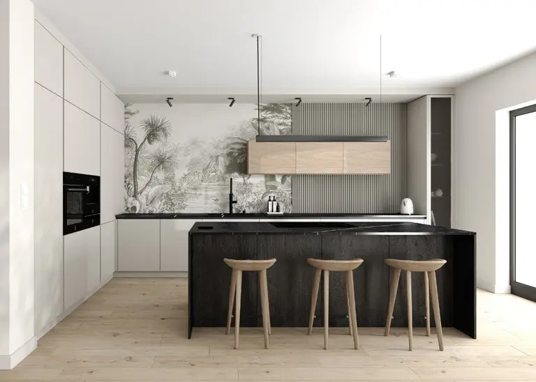 Kuchnia eklektyczna z minimalistycznym wykończeniem, nowoczesne meble i quiet luxury.