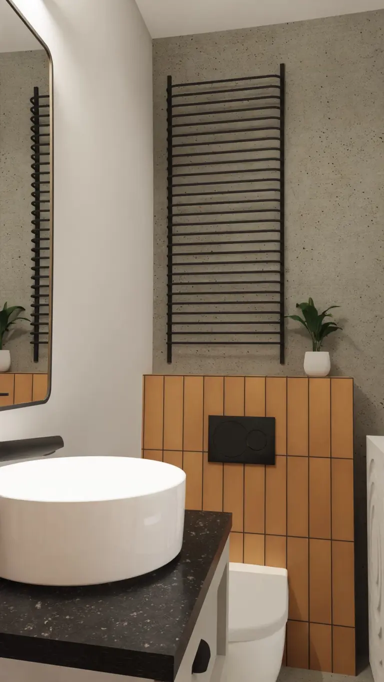 Nowoczesna łazienka z minimalistycznym designem, białą umywalką i drewnianymi detalami.