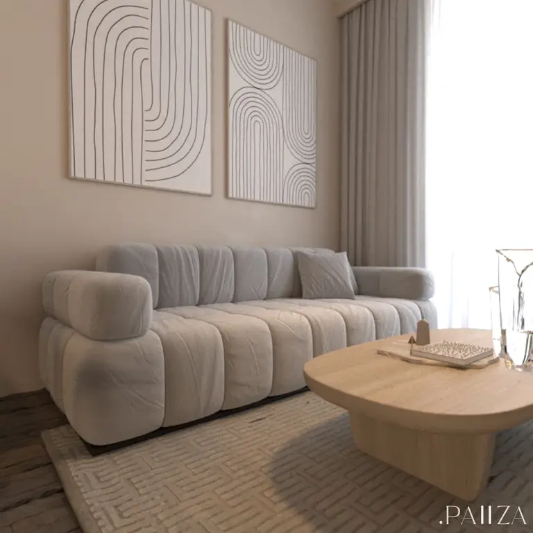 Wnętrze salonu w stylu boho, eklektycznym, japandi i minimalistycznym z szarym wyposażeniem.