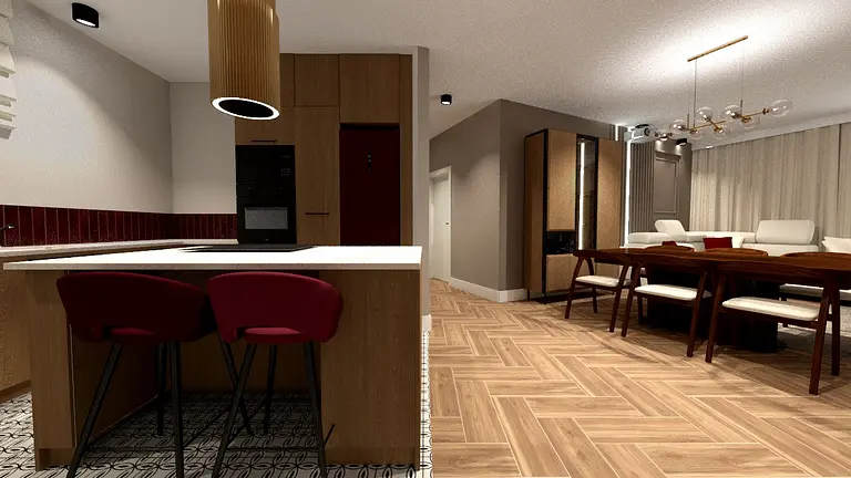 Eklektyczne wnętrze kuchni z drewnianymi meblami i czerwoną lodówką.