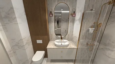 Nowoczesna łazienka z drewnianymi detalami i eleganckimi akcesoriami.