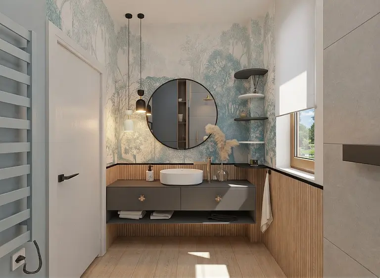 Wnętrze łazienki z elementami art deco, glamour i minimalistycznymi akcentami.