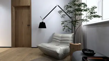 Wnętrze nowoczesnego salonu z kanapą i rośliną