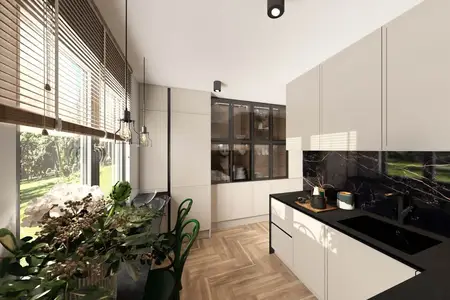 Kuchnia z beżowymi meblami, czarnym blatem i roślinami w stylu industrialnym, minimalistycznym, nowoczesnym.