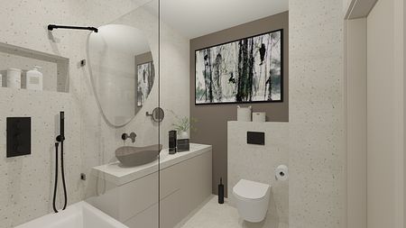Wnętrze łazienki z minimalistycznym designem i jasnymi meblami.
