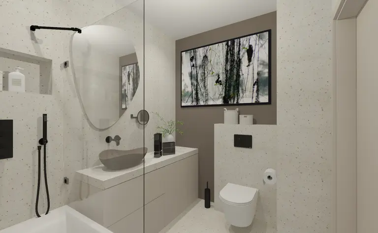 Wnętrze łazienki z minimalistycznym designem i jasnymi meblami.