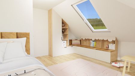 Wnętrze pokoju dziecięcego z jasnymi meblami i drewnianymi detalami, nowoczesny design.