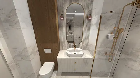 Wnętrze łazienki z białą umywalką i drewnianymi detalami, nowoczesny design.