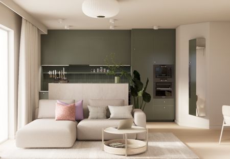 Wnętrze salonu z zielonymi akcentami, minimalistyczne, dopamine decor, japandi, soft minimalizm.