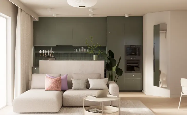 Wnętrze salonu z zielonymi akcentami, minimalistyczne, dopamine decor, japandi, soft minimalizm.