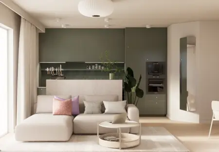 Wnętrze salonu z zielonymi akcentami, minimalistyczne, dopamine decor, japandi, soft minimalizm.