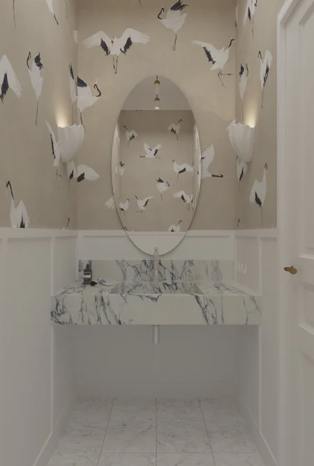 Wnętrze łazienki z marmurową umywalką i ścianą w ptaki, styl art deco, minimaluxe, quiet luxury.