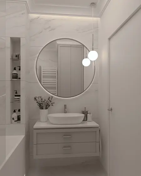 Nowoczesna łazienka z białą umywalką i dekoracjami w stylu quiet luxury.