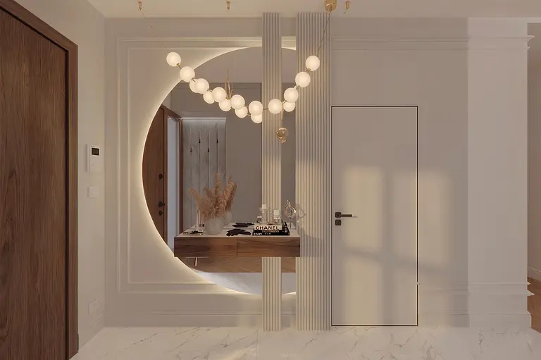 Przedpokój z lustrzanym panelem, drewnianym stolikiem i lampą w stylu dopamine decor