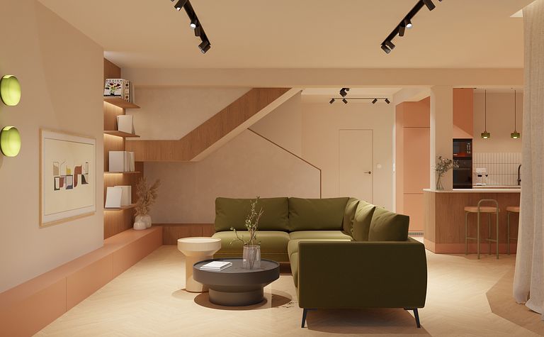 Salon w stylu dopamine decor z zieloną sofą, minimalistyczny wystrój i współczesne akcenty.
