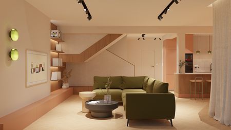 Salon w stylu dopamine decor z zieloną sofą, minimalistyczny wystrój i współczesne akcenty.
