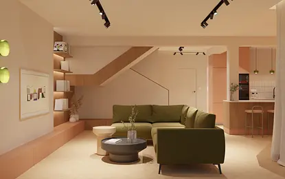 Salon w stylu dopamine decor z zieloną sofą, minimalistyczny wystrój i współczesne akcenty.