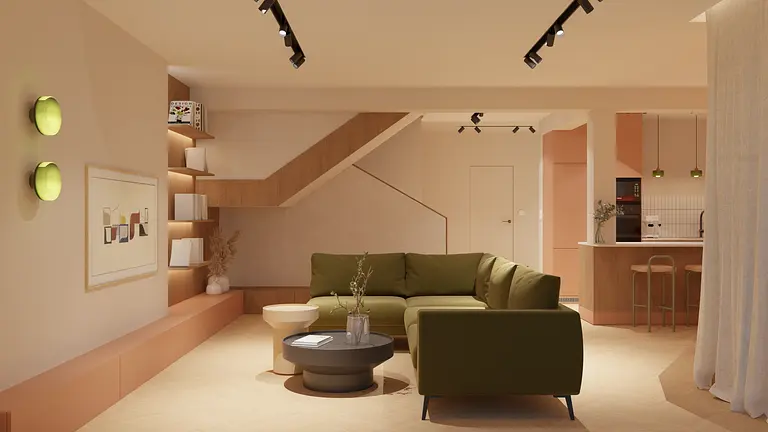 Salon w stylu dopamine decor z zieloną sofą, minimalistyczny wystrój i współczesne akcenty.