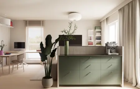 Nowoczesna kuchnia w stylu dopamine decor i japandi z roślinami.