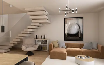 Nowoczesny salon z brązową sofą, schodami i oświetleniem.