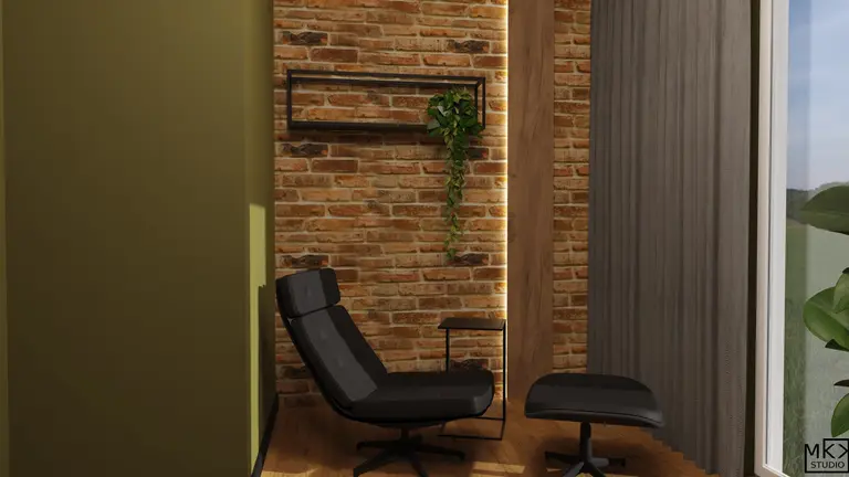 Wnętrze z industrialnym akcentem, ceglana ściana, nowoczesne meble i roślinność.