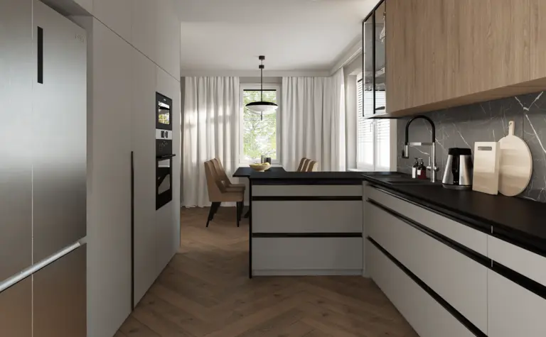 Nowoczesna kuchnia minimalistyczna z drewnianymi meblami i czarnym blatem