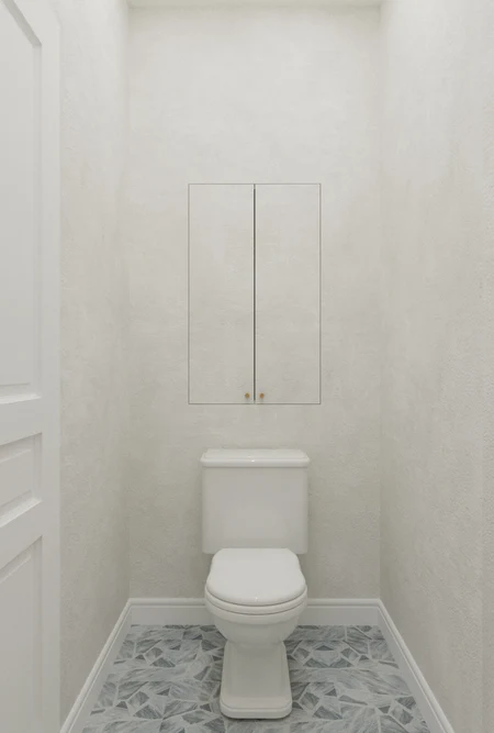 Toaleta z białymi ścianami, białą ceramiką i szarym wzorem podłogi w stylu art deco, minimaluxe, quiet luxury.
