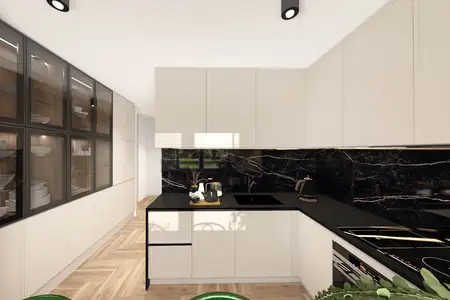 Kuchnia w stylu industrialnym z minimalistycznym designem i nowoczesnymi akcentami.