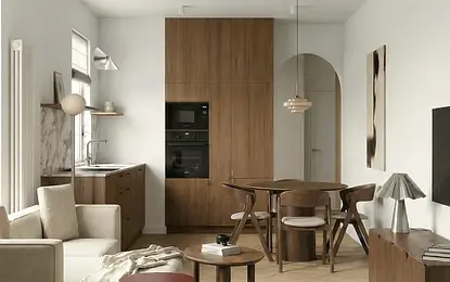 Eklektyczne wnętrze z minimalistycznymi meblami, drewnianymi detalami i nowoczesnym oświetleniem.