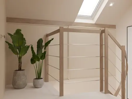 Wnętrze z minimalistyczną balustradą i roślinami w donicach.