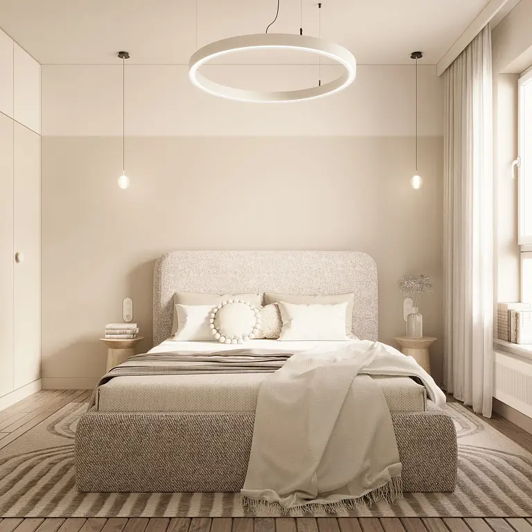 Sypialnia w stylu glamour i japandi z nowoczesnym łóżkiem, soft minimalizm