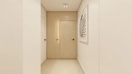 Przedpokój w stylach japandi i minimalistycznym z drewnianymi akcentami.