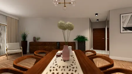 Eklektyczne wnętrze jadalni z drewnianym stołem, roślinami i eleganckim oświetleniem.