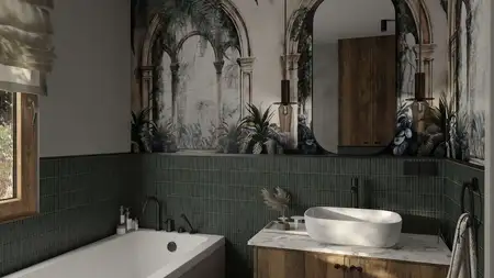 Wnętrze łazienki w stylu art deco i boho z zielonymi płytkami i drewnianymi elementami.