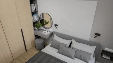 Sypialnia z szarym łóżkiem, drewnianą szafą i minimalistycznym biurkiem, soft minimalizm.