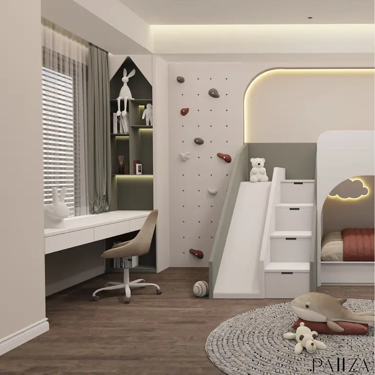 Wnętrze pokoju dziecięcego z biurkiem, łóżkiem i akcesoriami w stylu minimalistycznym, soft minimalizm, współczesny.