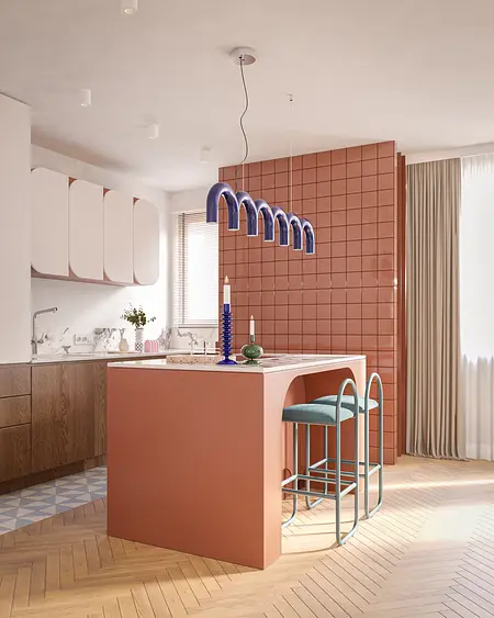 Kuchnia w stylu art deco z różowymi płytkami i drewnianymi meblami.