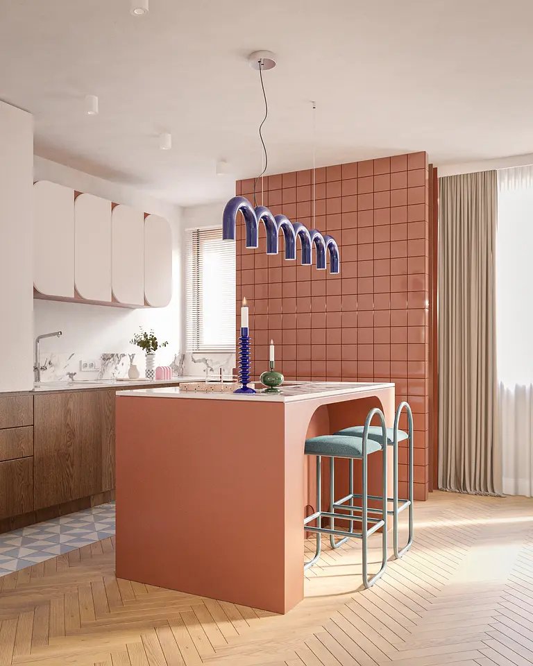 Kuchnia w stylu art deco z różowymi płytkami i drewnianymi meblami.