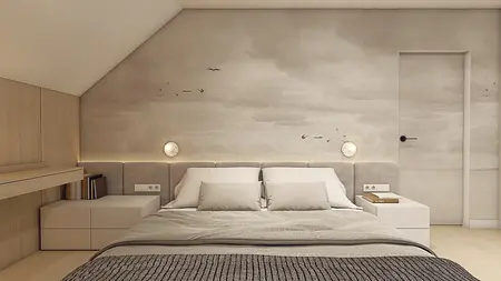 Sypialnia w stylu japandi z minimalistycznymi meblami i skandynawskim akcentem.